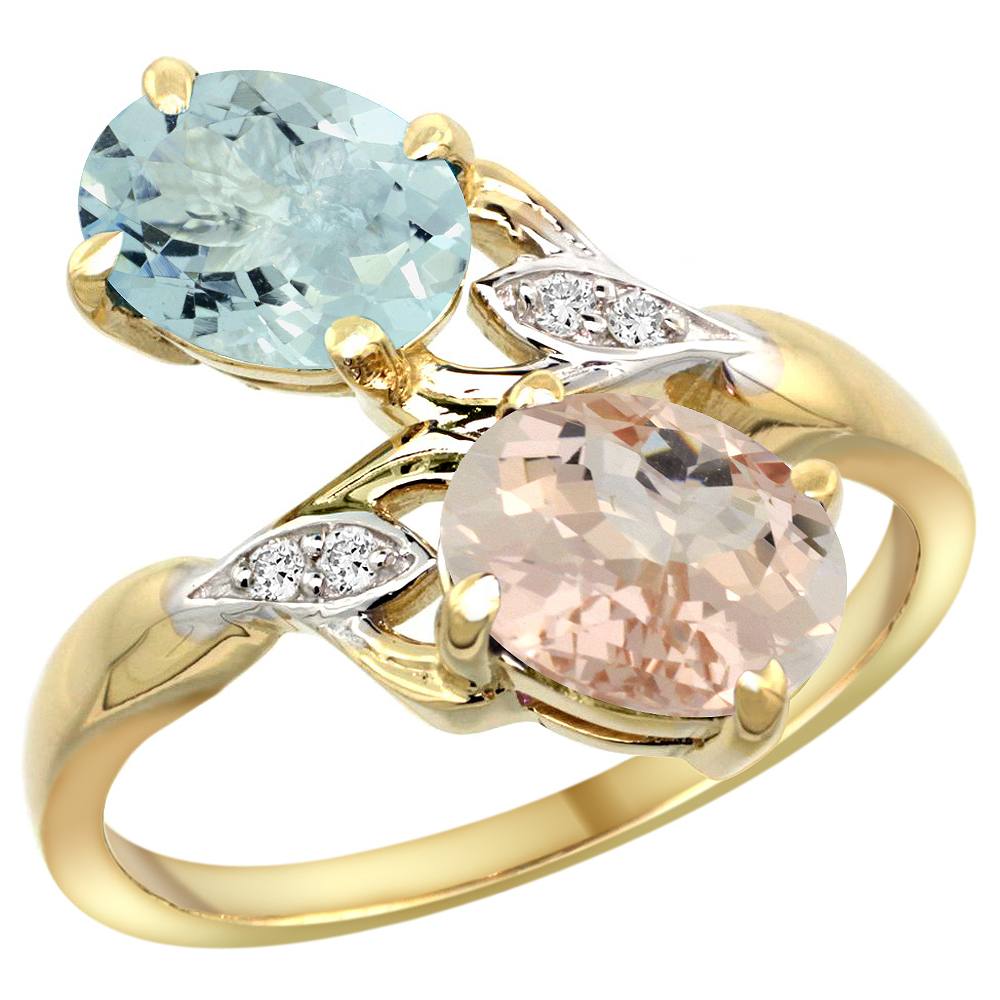 10K YELLOW GOLD DIAMOND NATURAL AQUAMARINE & MORGANITE 2-STONE RING OVAL 8X6MM, SIZES 5 - 10
