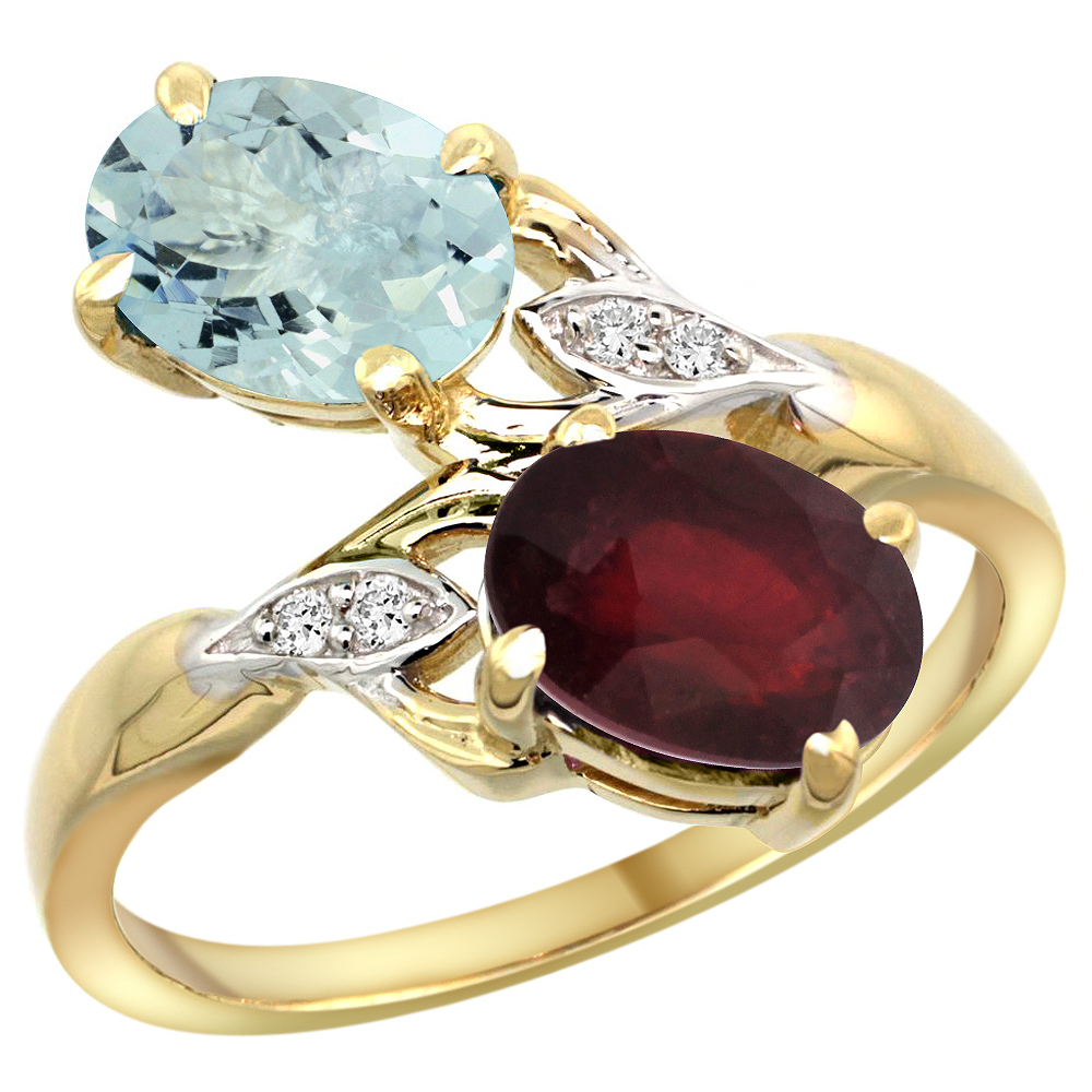 10K Yellow Gold Diamond Natural Aquamarine &amp; Enhanced Genuine Ruby 2-stone Ring Oval 8x6mm, sizes 5 - 10