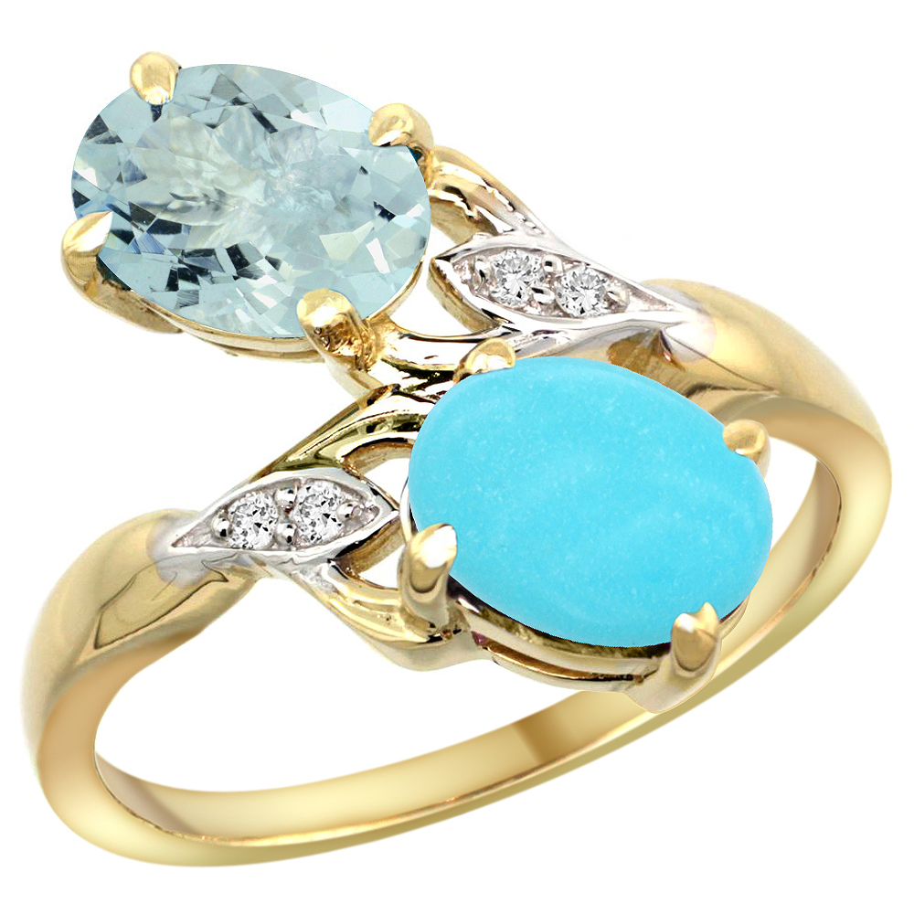 10K YELLOW GOLD DIAMOND NATURAL AQUAMARINE & TURQUOISE 2-STONE RING OVAL 8X6MM, SIZES 5 - 10