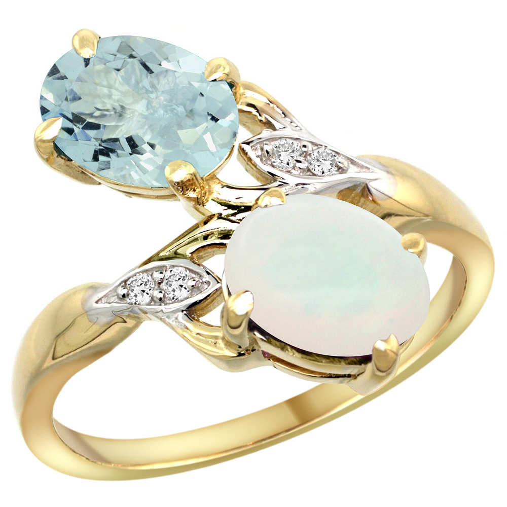10K YELLOW GOLD DIAMOND NATURAL AQUAMARINE & OPAL 2-STONE RING OVAL 8X6MM, SIZES 5 - 10