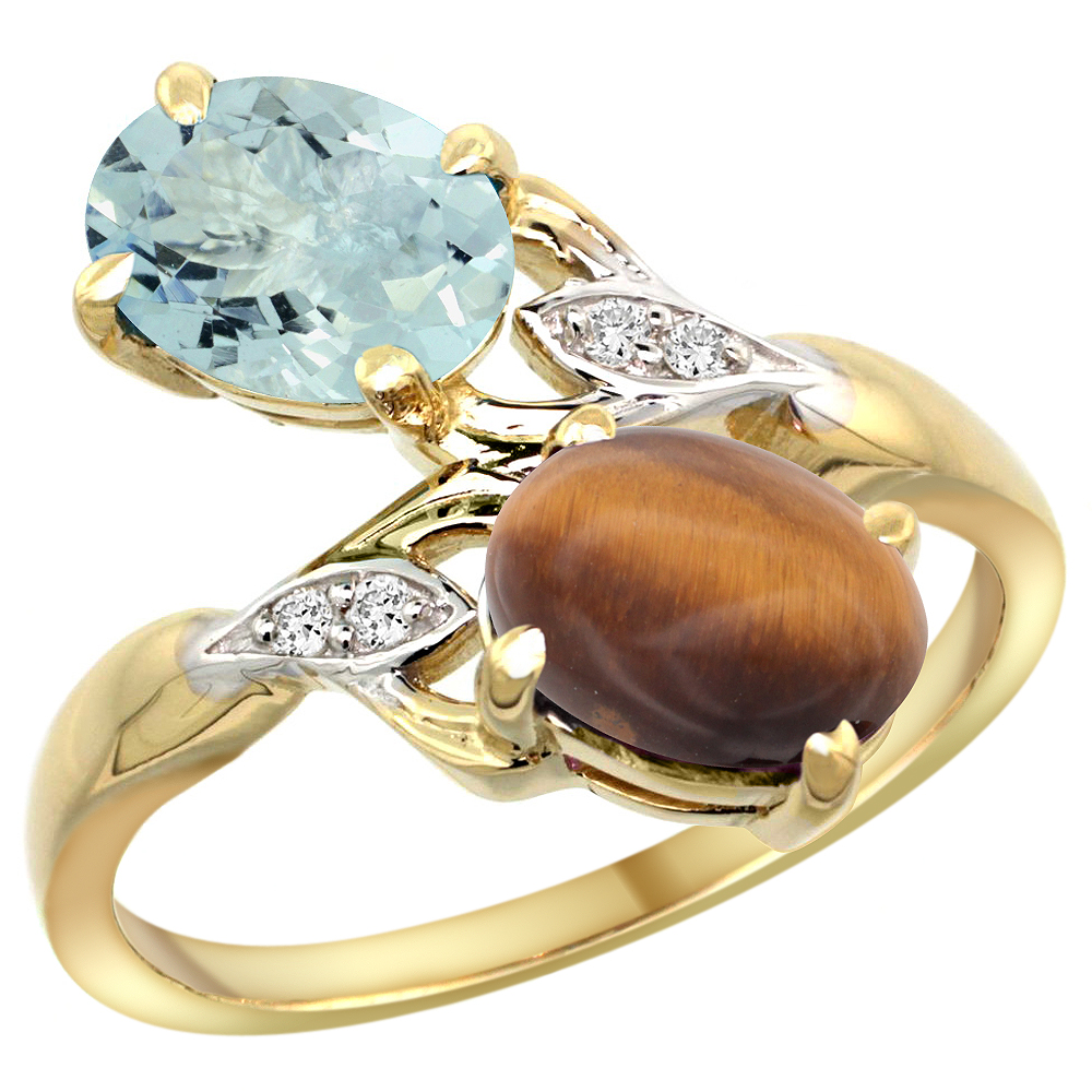 10K YELLOW GOLD DIAMOND NATURAL AQUAMARINE & TIGER EYE 2-STONE RING OVAL 8X6MM, SIZES 5 - 10