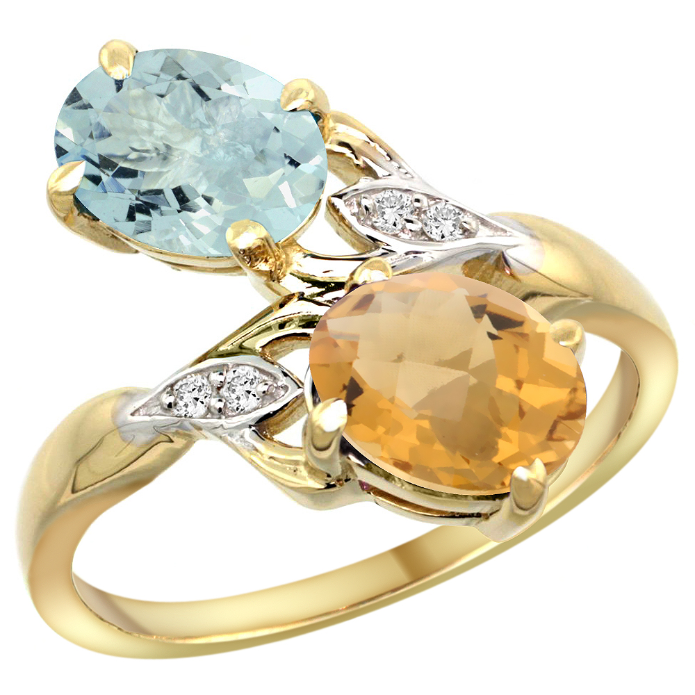 10K YELLOW GOLD DIAMOND NATURAL AQUAMARINE & WHISKY QUARTZ 2-STONE RING OVAL 8X6MM, SIZES 5 - 10
