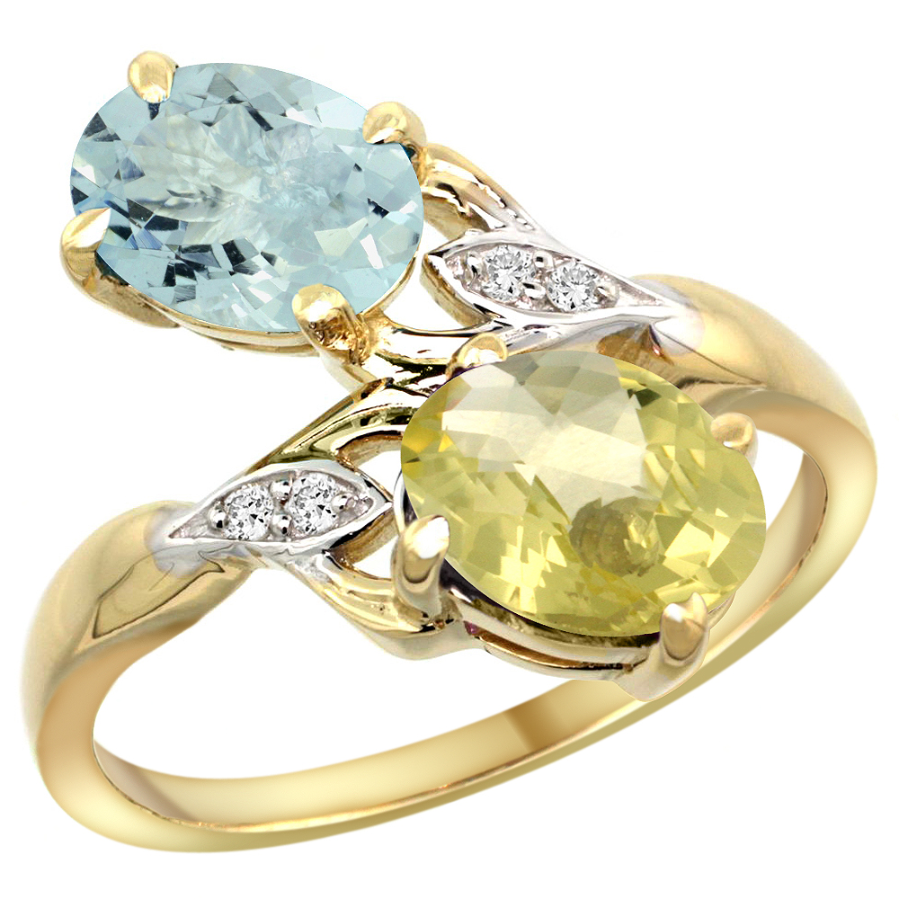 10K YELLOW GOLD DIAMOND NATURAL AQUAMARINE & LEMON QUARTZ 2-STONE RING OVAL 8X6MM, SIZES 5 - 10