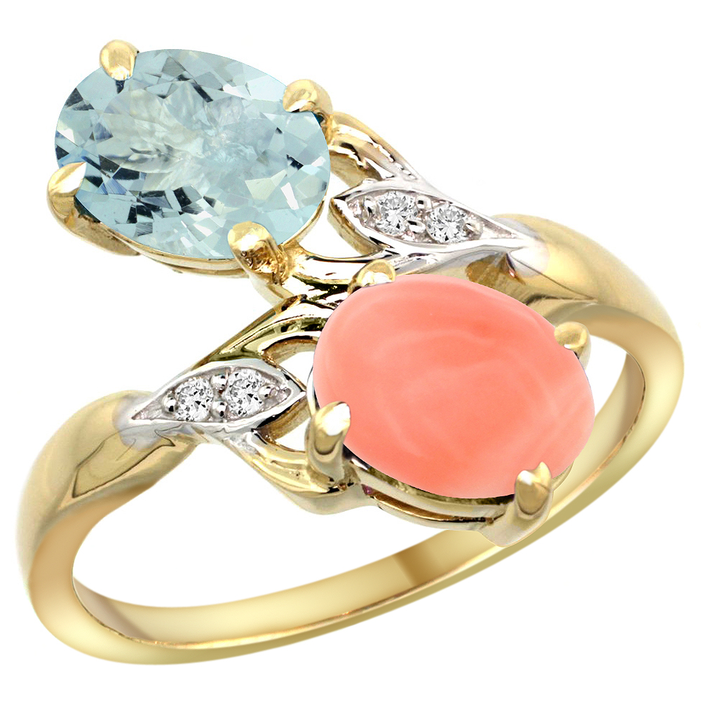 14k Yellow Gold Diamond Natural Aquamarine &amp; Coral 2-stone Ring Oval 8x6mm, sizes 5 - 10