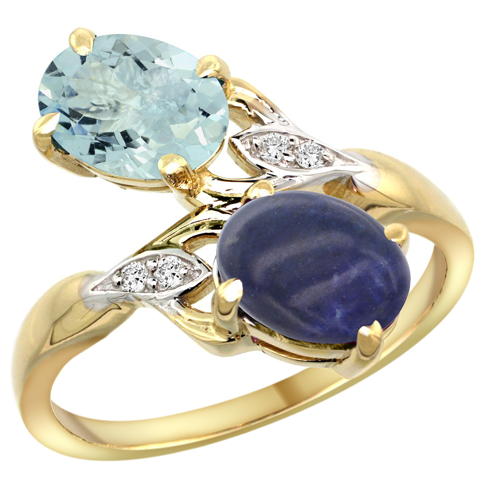 10K YELLOW GOLD DIAMOND NATURAL AQUAMARINE & LAPIS 2-STONE RING OVAL 8X6MM, SIZES 5 - 10
