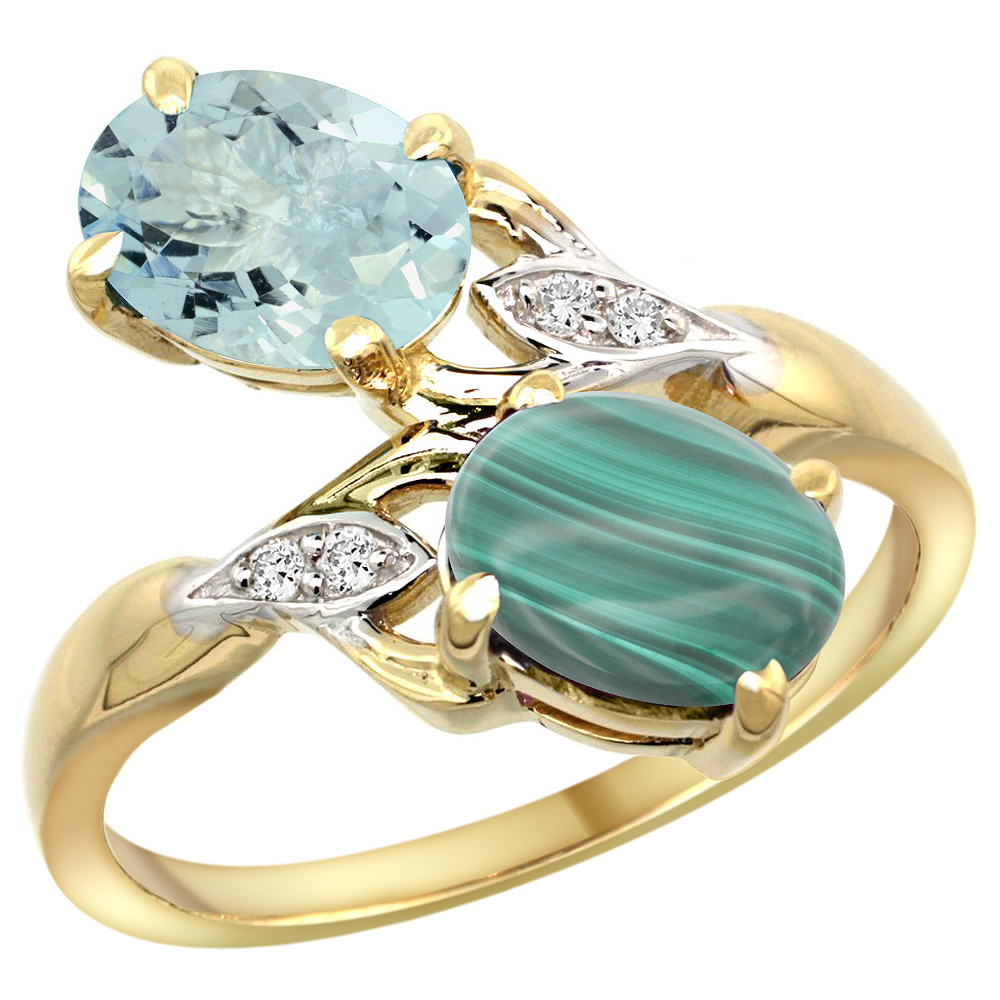 10K YELLOW GOLD DIAMOND NATURAL AQUAMARINE & MALACHITE 2-STONE RING OVAL 8X6MM, SIZES 5 - 10