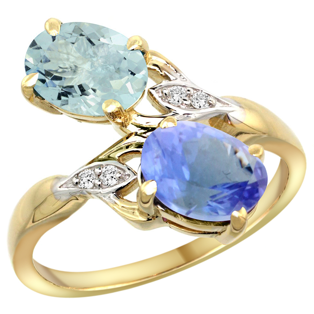 10K YELLOW GOLD DIAMOND NATURAL AQUAMARINE & TANZANITE 2-STONE RING OVAL 8X6MM, SIZES 5 - 10