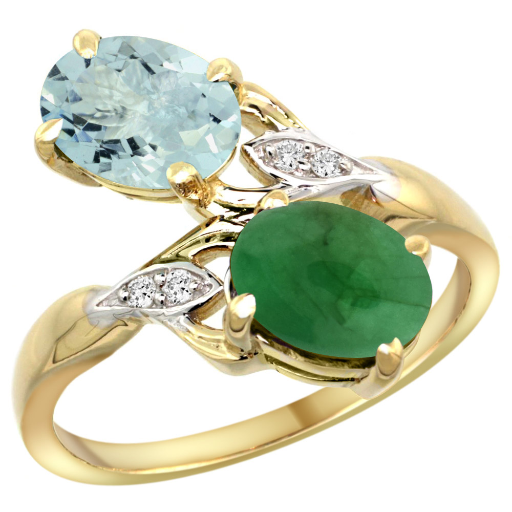 10K YELLOW GOLD DIAMOND NATURAL AQUAMARINE & CABOCHON EMERALD 2-STONE RING OVAL 8X6MM, SIZES 5 - 10