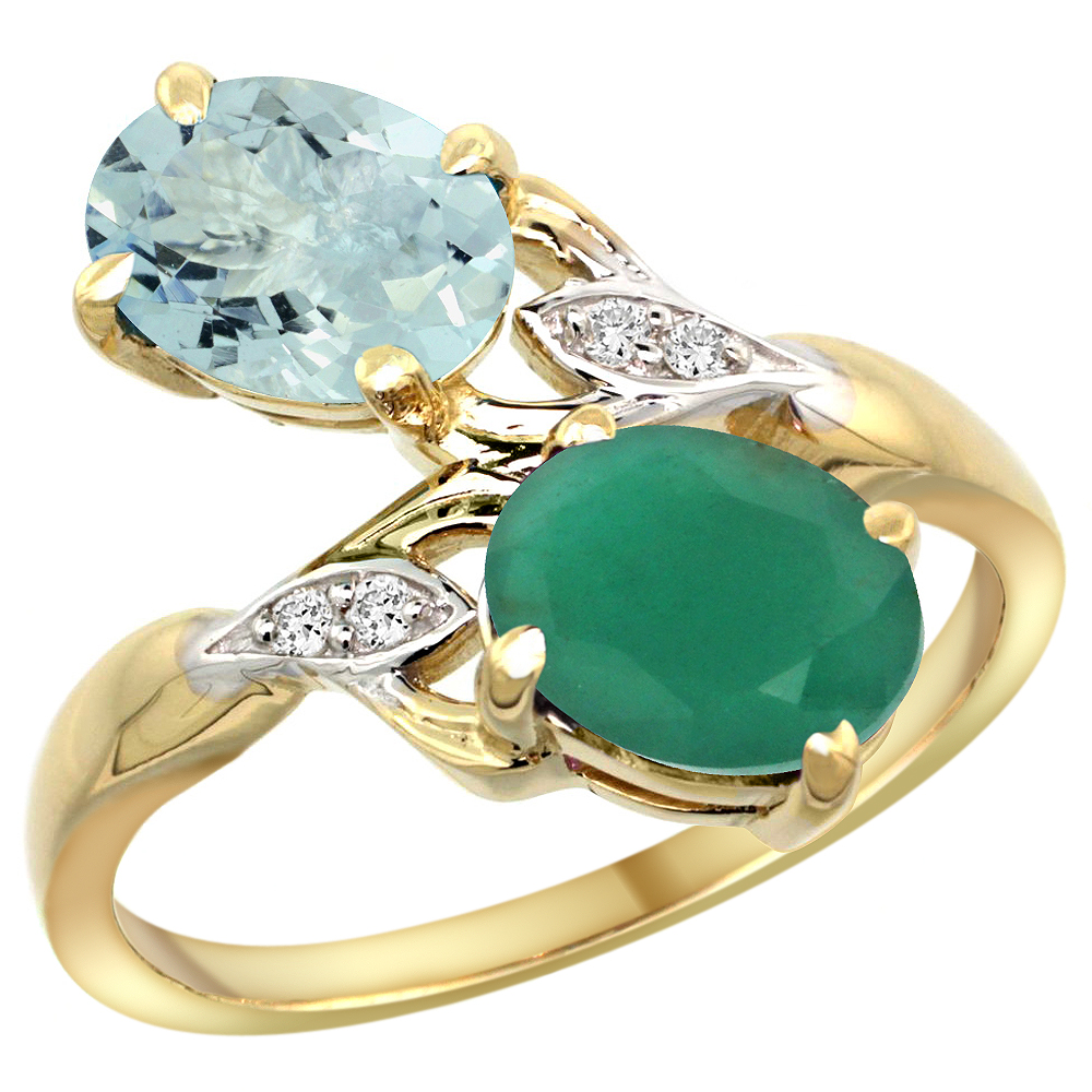 10K YELLOW GOLD DIAMOND NATURAL AQUAMARINE EMERALD 2-STONE MOTHERS RING OVAL 8X6MM SIZE 5 - 10