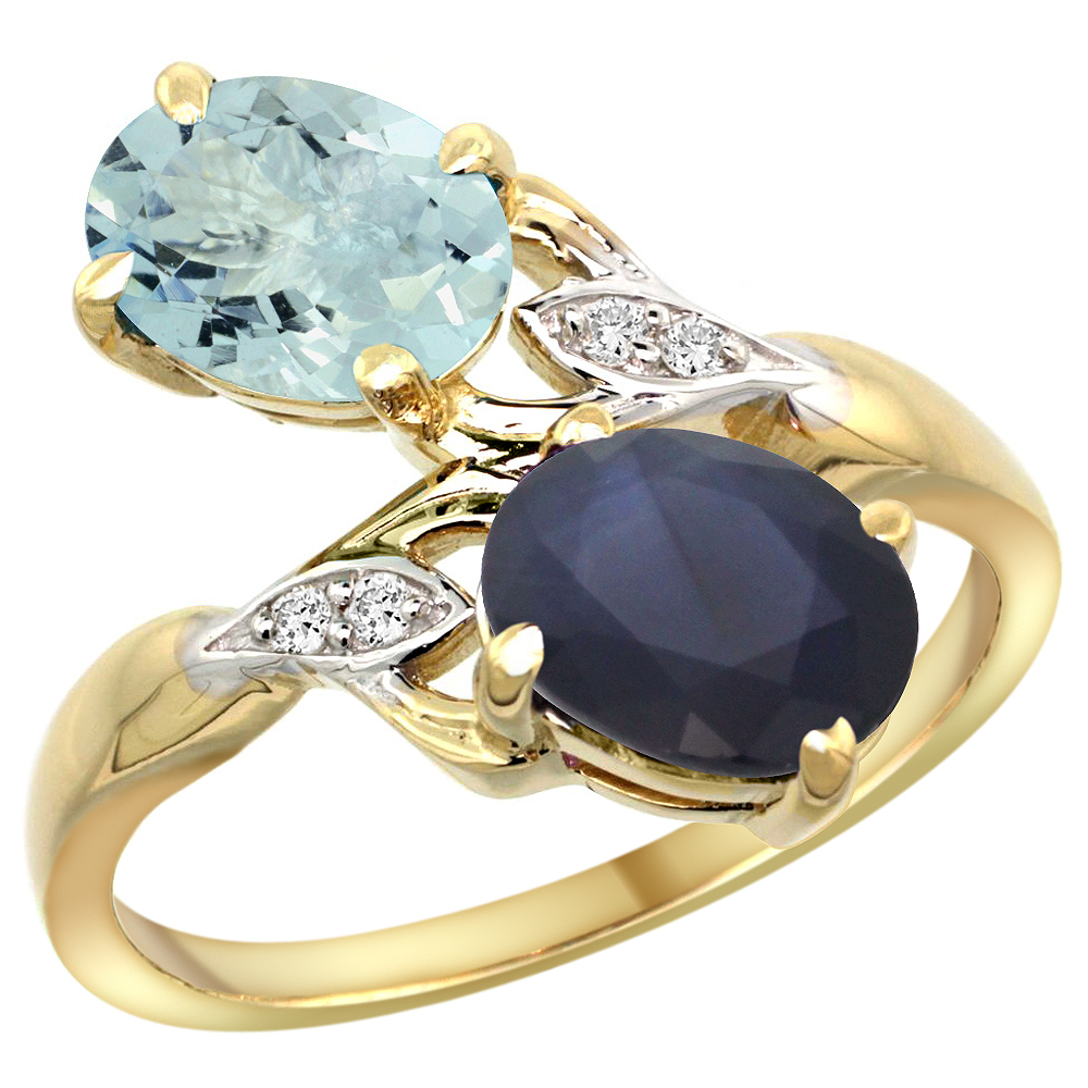10K YELLOW GOLD DIAMOND NATURAL AQUAMARINE BLUE SAPPHIRE 2-STONE MOTHERS RING OVAL 8X6MM SIZE 5 - 10