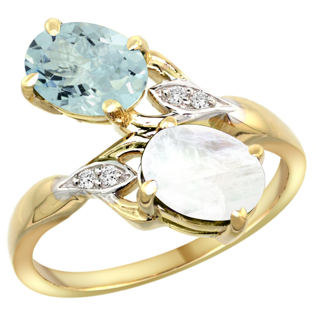 10K YELLOW GOLD DIAMOND NATURAL AQUAMARINE & RAINBOW MOONSTONE 2-STONE RING OVAL 8X6MM, SIZES 5 - 10
