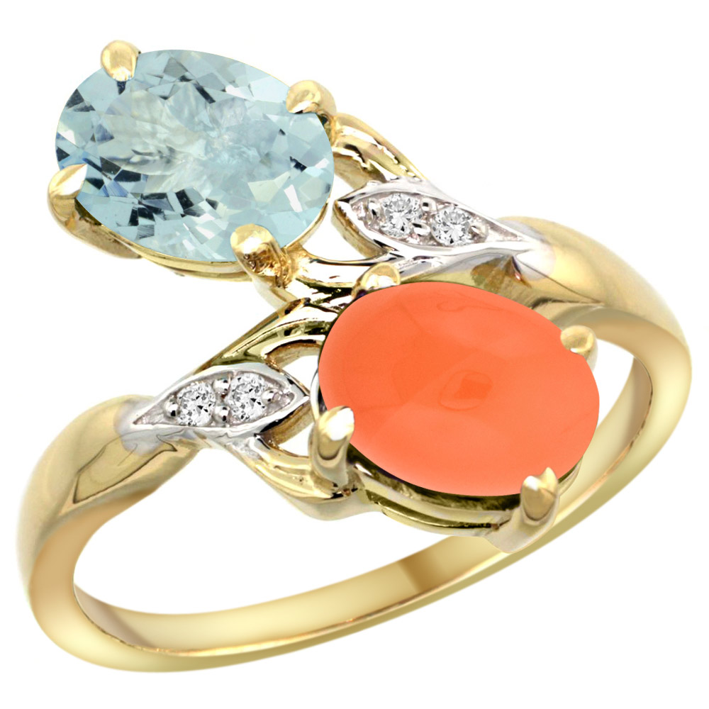 10K YELLOW GOLD DIAMOND NATURAL AQUAMARINE & ORANGE MOONSTONE 2-STONE RING OVAL 8X6MM, SIZES 5 - 10