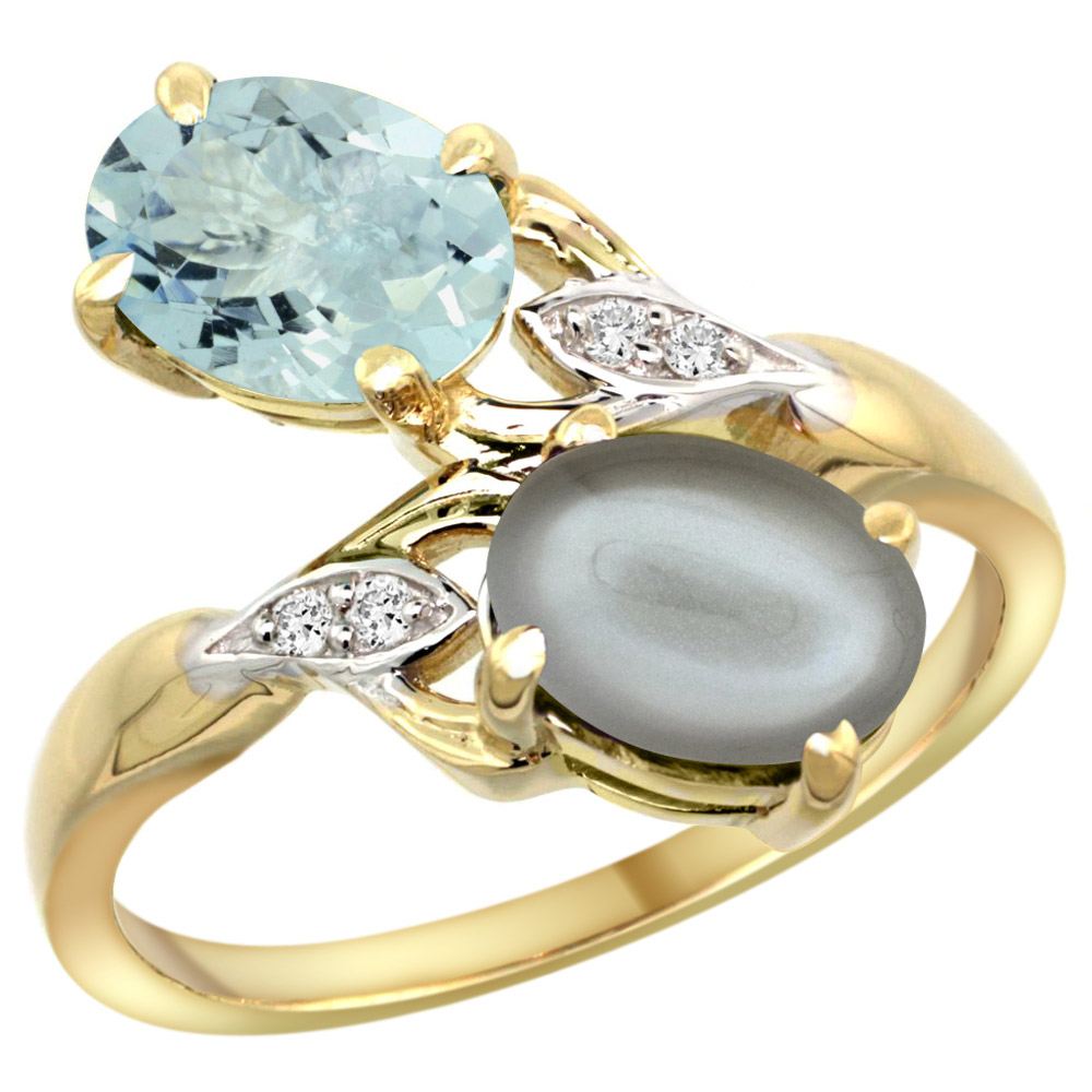 10K YELLOW GOLD DIAMOND NATURAL AQUAMARINE & GRAY MOONSTONE 2-STONE RING OVAL 8X6MM, SIZES 5 - 10