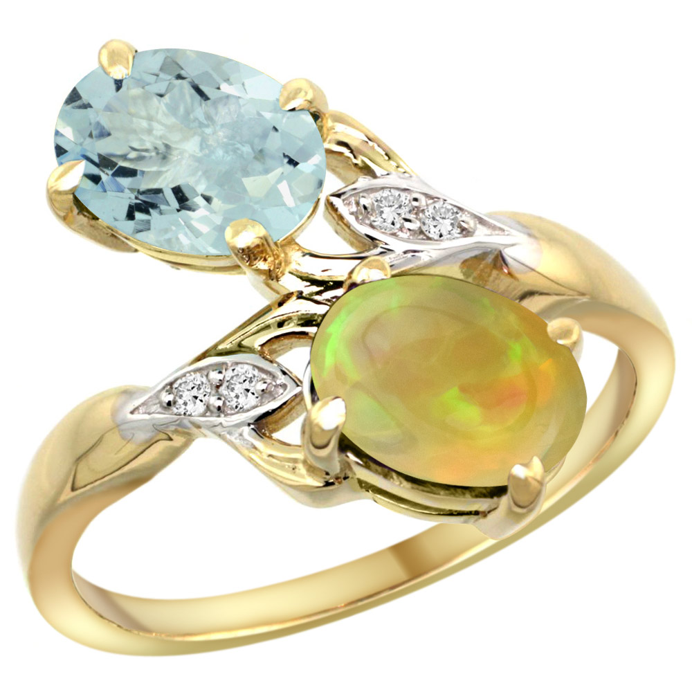 10K YELLOW GOLD DIAMOND NATURAL AQUAMARINE & ETHIOPIAN OPAL 2-STONE MOTHERS RING OVAL 8X6MM, SIZE 5 - 10
