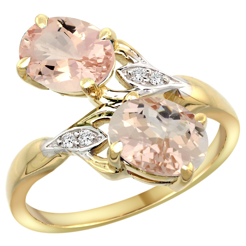 10K YELLOW GOLD DIAMOND NATURAL MORGANITE 2-STONE RING OVAL 8X6MM, SIZES 5 - 10