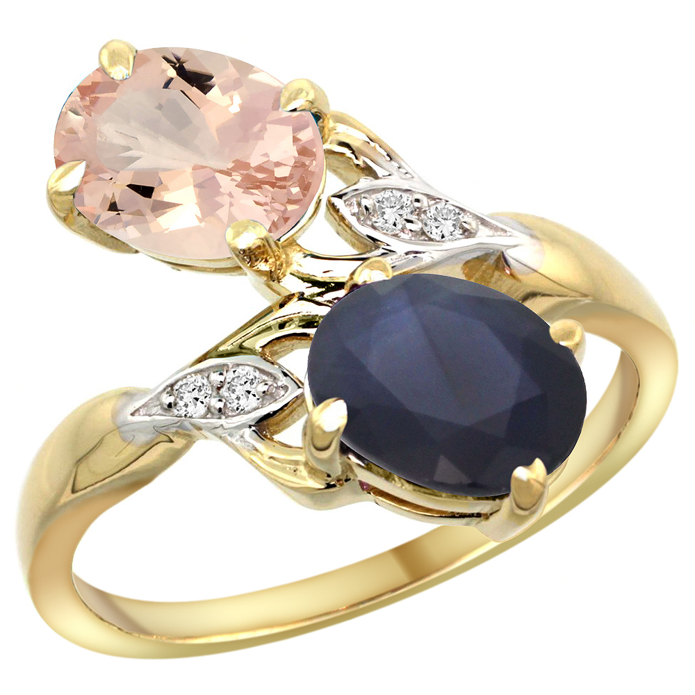 10K YELLOW GOLD DIAMOND NATURAL MORGANITE & BLUE SAPPHIRE 2-STONE RING OVAL 8X6MM, SIZES 5 - 10