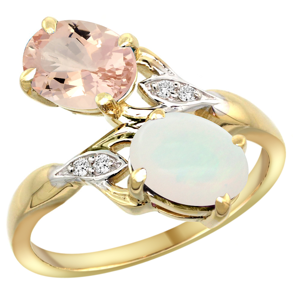 10K Yellow Gold Diamond Natural Morganite & Opal 2-stone Ring Oval 8x6mm, sizes 5 - 10