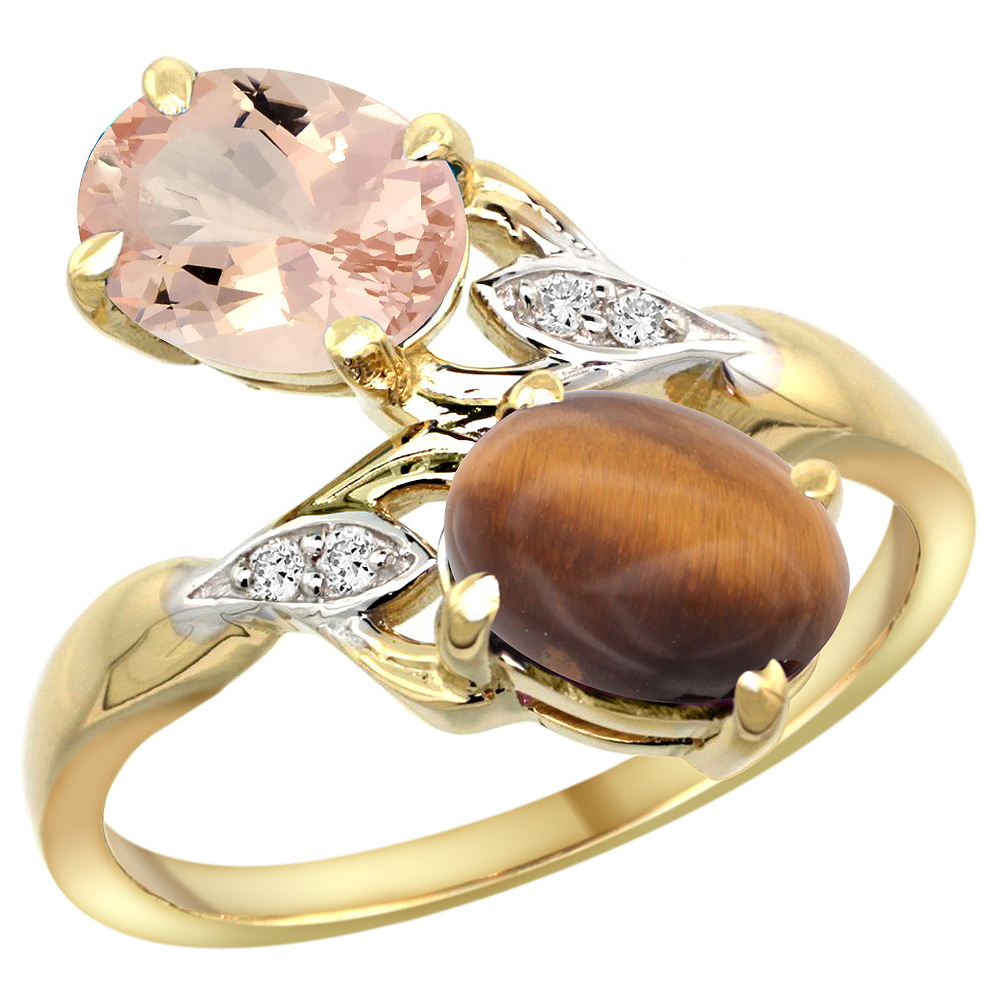 10K YELLOW GOLD DIAMOND NATURAL MORGANITE & TIGER EYE 2-STONE RING OVAL 8X6MM, SIZES 5 - 10