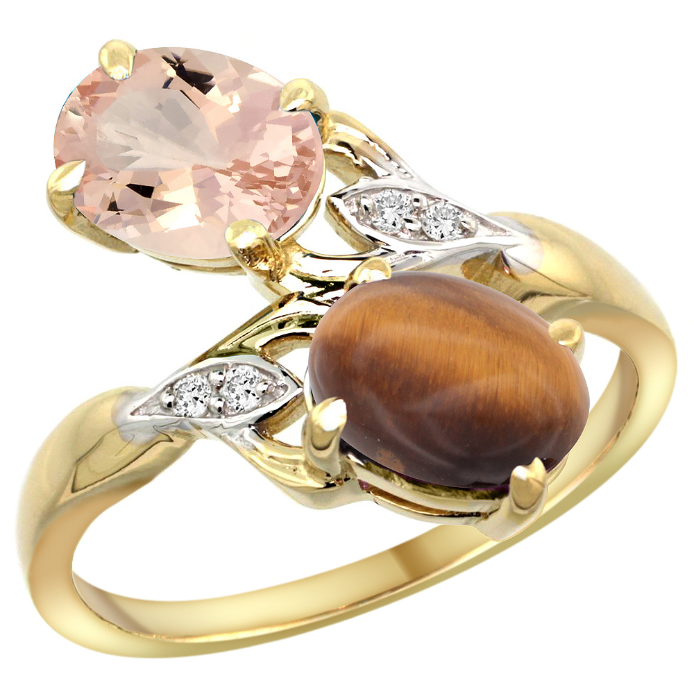 14k Yellow Gold Diamond Natural Morganite & Tiger Eye 2-stone Ring Oval 8x6mm, sizes 5 - 10