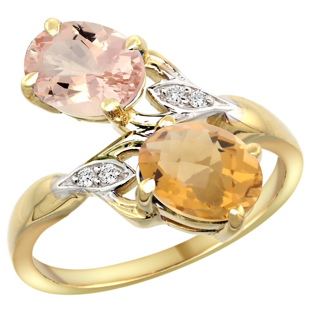 10K Yellow Gold Diamond Natural Morganite & Whisky Quartz 2-stone Ring Oval 8x6mm, sizes 5 - 10