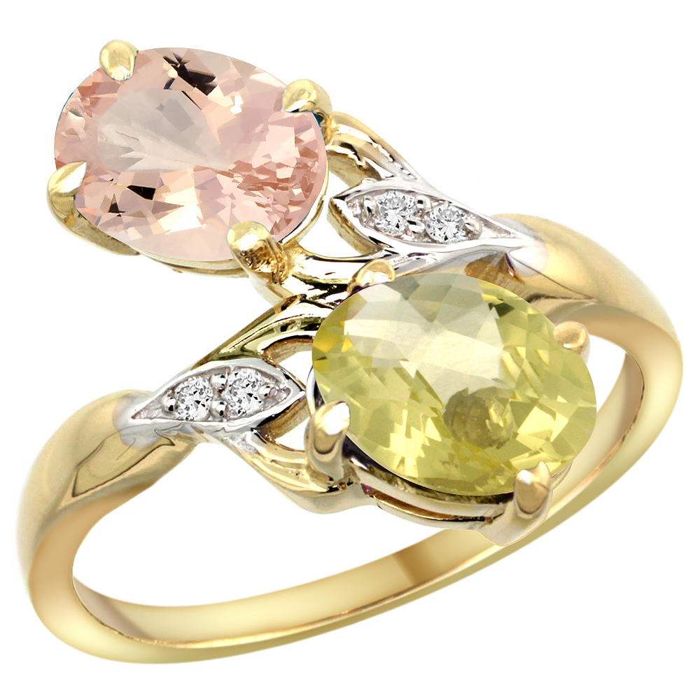 10K Yellow Gold Diamond Natural Morganite &amp; Lemon Quartz 2-stone Ring Oval 8x6mm, sizes 5 - 10