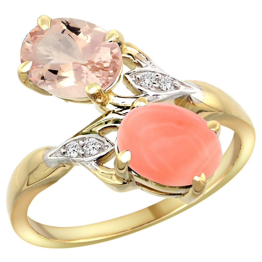 10K YELLOW GOLD DIAMOND NATURAL MORGANITE & CORAL 2-STONE RING OVAL 8X6MM, SIZES 5 - 10