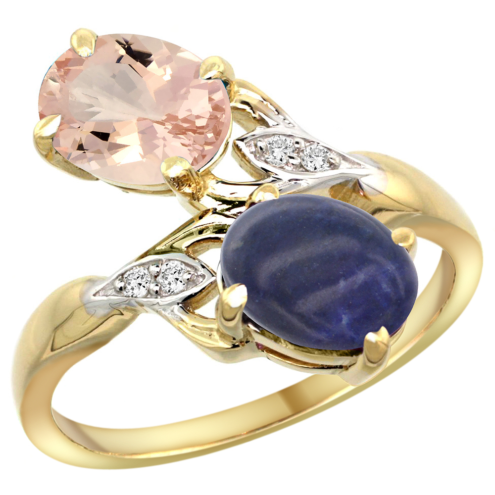 10K YELLOW GOLD DIAMOND NATURAL MORGANITE & LAPIS 2-STONE RING OVAL 8X6MM, SIZES 5 - 10