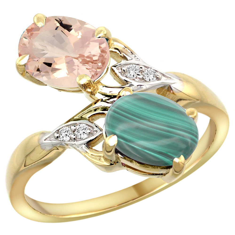 10K YELLOW GOLD DIAMOND NATURAL MORGANITE & MALACHITE 2-STONE RING OVAL 8X6MM, SIZES 5 - 10