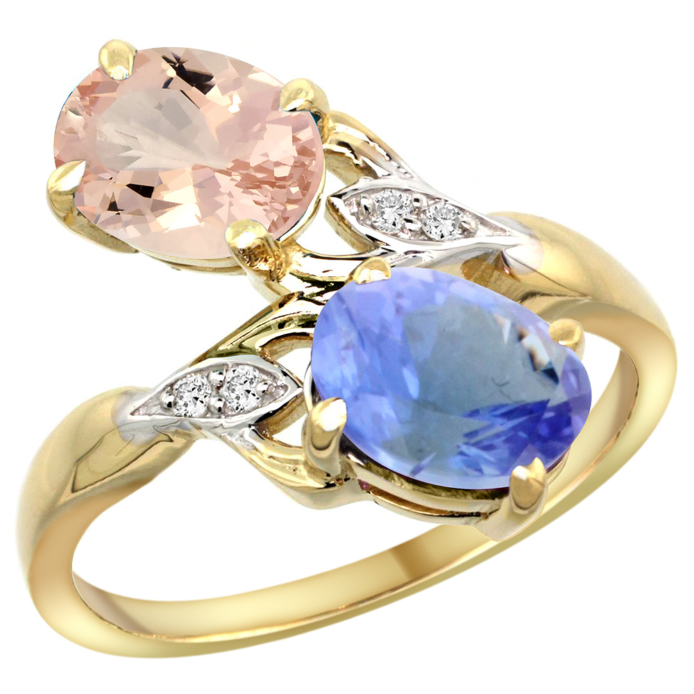 10K YELLOW GOLD DIAMOND NATURAL MORGANITE & TANZANITE 2-STONE RING OVAL 8X6MM, SIZES 5 - 10