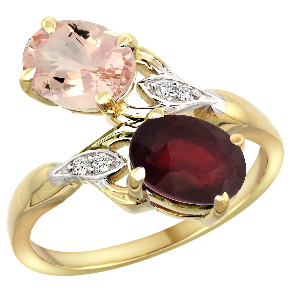 10K YELLOW GOLD DIAMOND NATURAL MORGANITE RUBY 2-STONE MOTHERS RING OVAL 8X6MM SIZE 5 - 10
