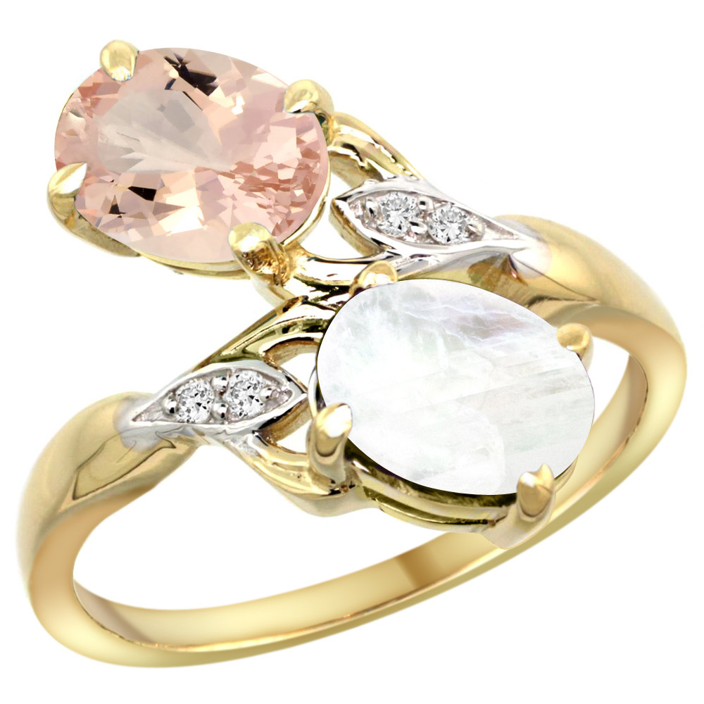 10K YELLOW GOLD DIAMOND NATURAL MORGANITE & RAINBOW MOONSTONE 2-STONE RING OVAL 8X6MM, SIZES 5 - 10