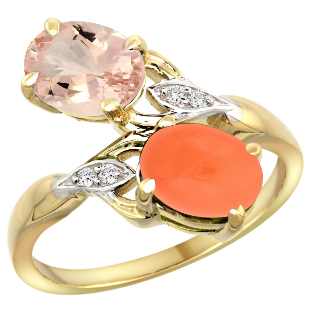 10K YELLOW GOLD DIAMOND NATURAL MORGANITE & ORANGE MOONSTONE 2-STONE RING OVAL 8X6MM, SIZES 5 - 10