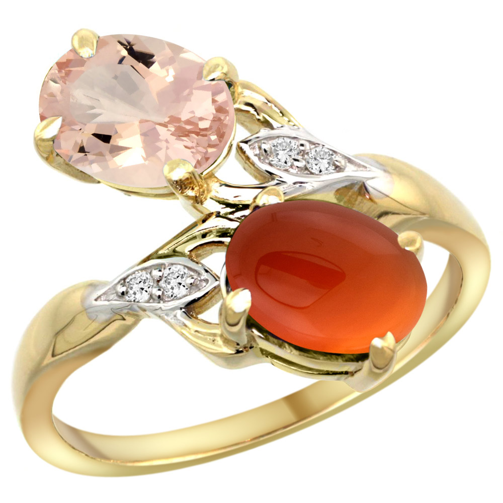 10K YELLOW GOLD DIAMOND NATURAL MORGANITE & BROWN AGATE 2-STONE RING OVAL 8X6MM, SIZES 5 - 10