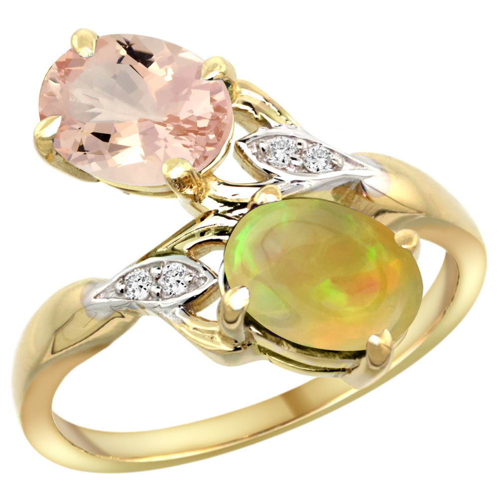 10K YELLOW GOLD DIAMOND NATURAL MORGANITE & ETHIOPIAN OPAL 2-STONE MOTHERS RING OVAL 8X6MM, SIZE 5 - 10