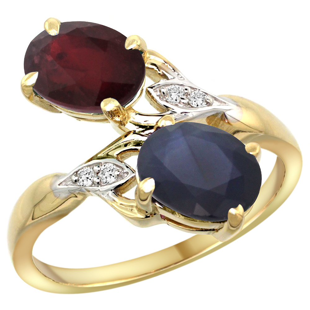 14k Yellow Gold Diamond Enhanced Genuine Ruby & Natural Blue Sapphire 2-stone Ring Oval 8x6mm, sizes 5 - 10