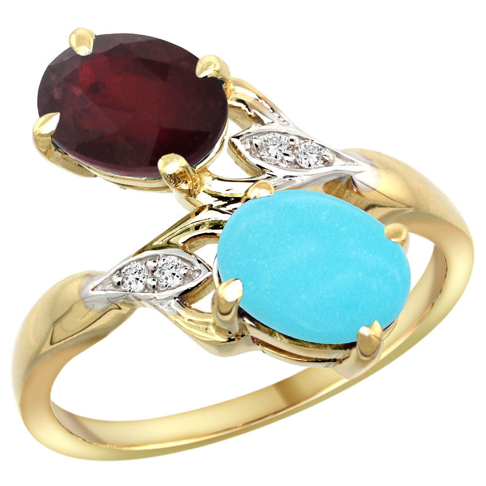 10K Yellow Gold Diamond Enhanced Genuine Ruby &amp; Natural Turquoise 2-stone Ring Oval 8x6mm, sizes 5 - 10