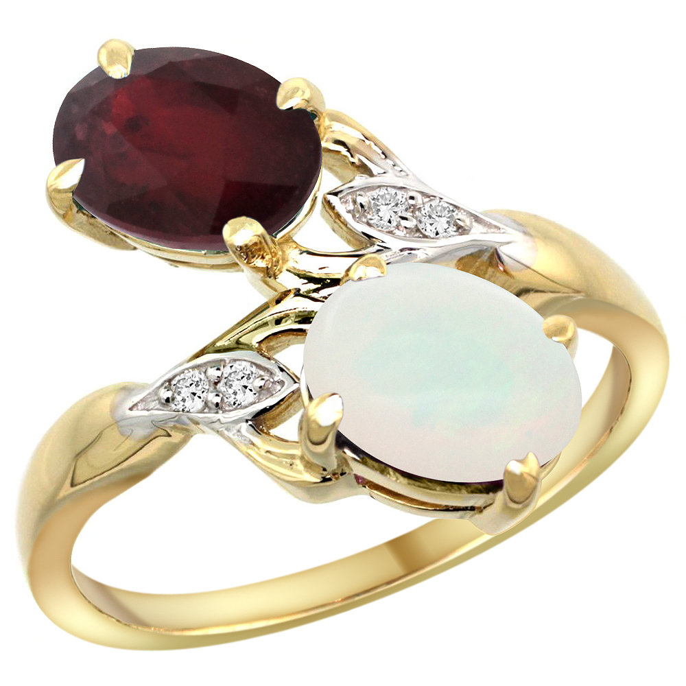 10K Yellow Gold Diamond Enhanced Genuine Ruby &amp; Natural Opal 2-stone Ring Oval 8x6mm, sizes 5 - 10