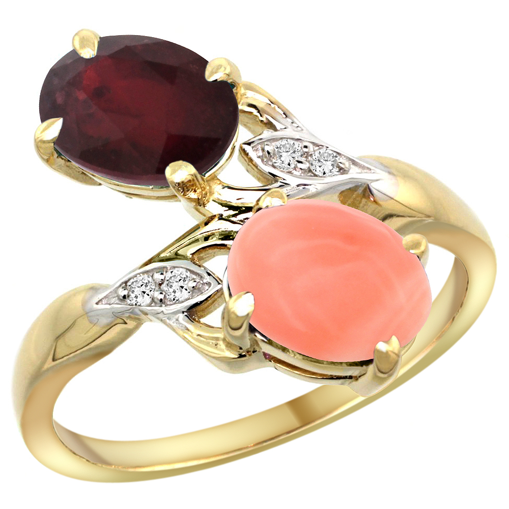 14k Yellow Gold Diamond Enhanced Genuine Ruby & Natural Coral 2-stone Ring Oval 8x6mm, sizes 5 - 10