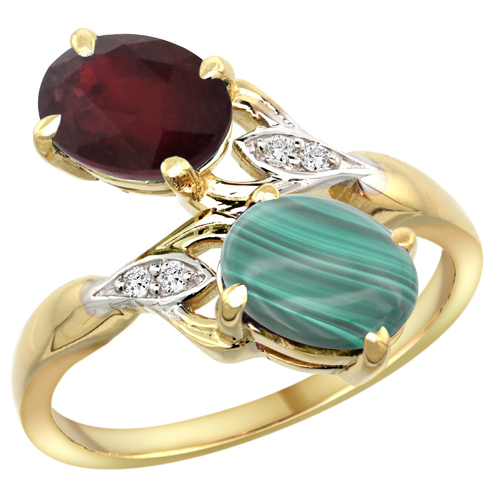 10K Yellow Gold Diamond Enhanced Genuine Ruby & Natural Malachite 2-stone Ring Oval 8x6mm, sizes 5 - 10