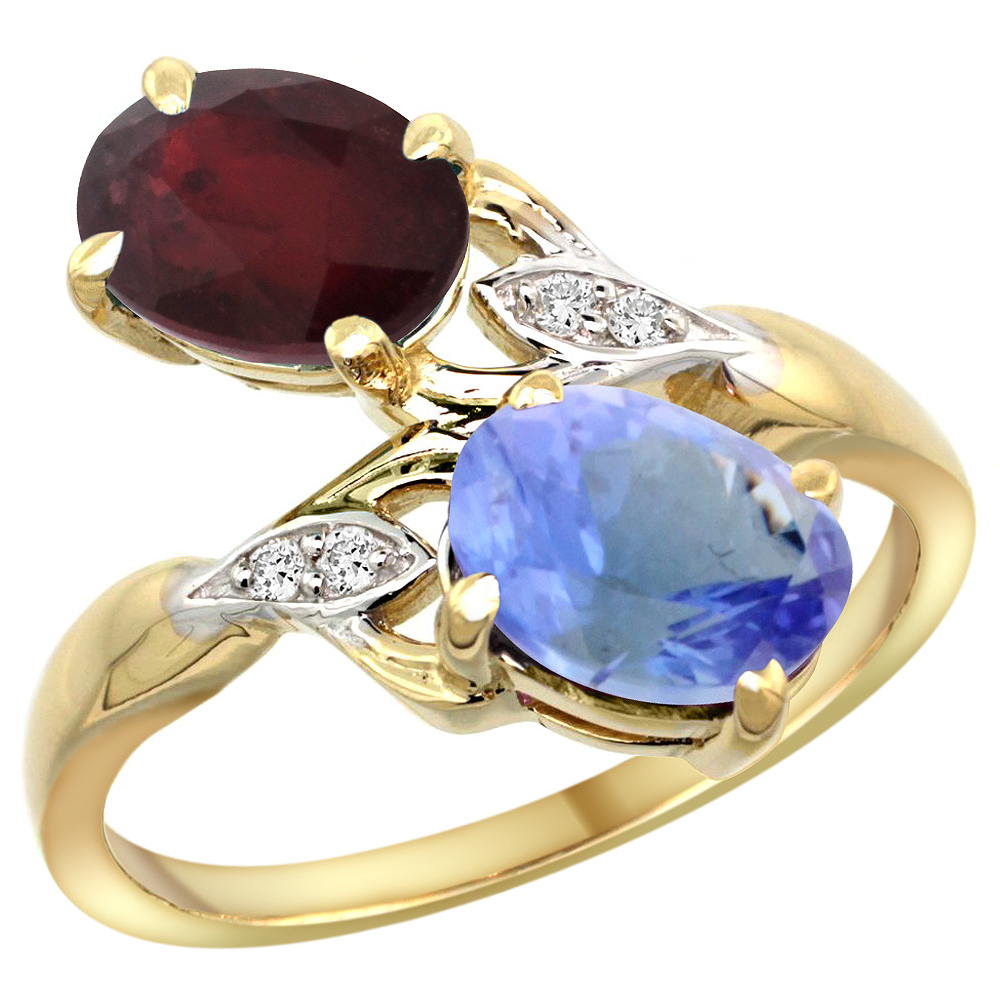 10K YELLOW GOLD DIAMOND ENHANCED GENUINE RUBY & NATURAL TANZANITE 2-STONE RING OVAL 8X6MM, SIZES 5 - 10