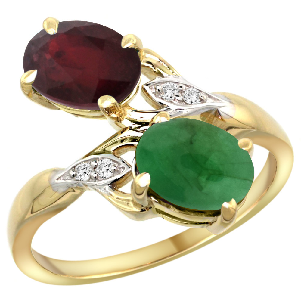 10K YELLOW GOLD DIAMOND ENHANCED GENUINE RUBY & NATURAL CABOCHON EMERALD 2-STONE RING OVAL 8X6MM, SIZES 5 - 10