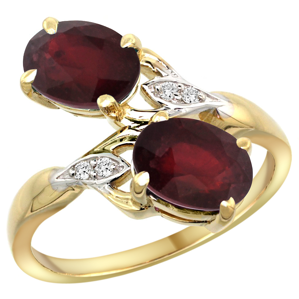 14k Yellow Gold Diamond Enhanced Genuine Ruby & Natural Quality Ruby 2-stone Ring Oval 8x6mm, size 5 - 10