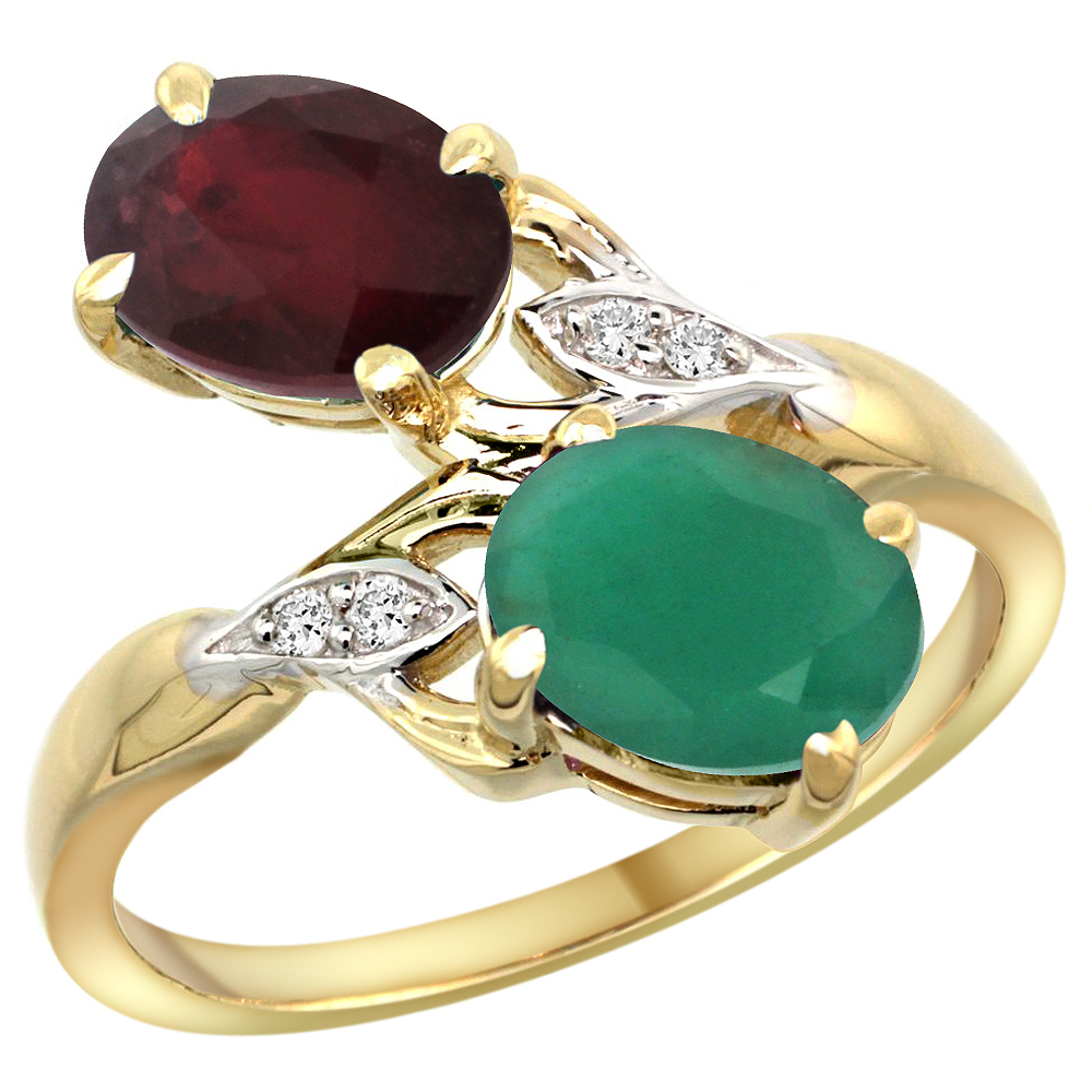 14k Yellow Gold Diamond Enhanced Genuine Ruby & Natural Quality Emerald 2-stone Ring Oval 8x6mm, size5-10