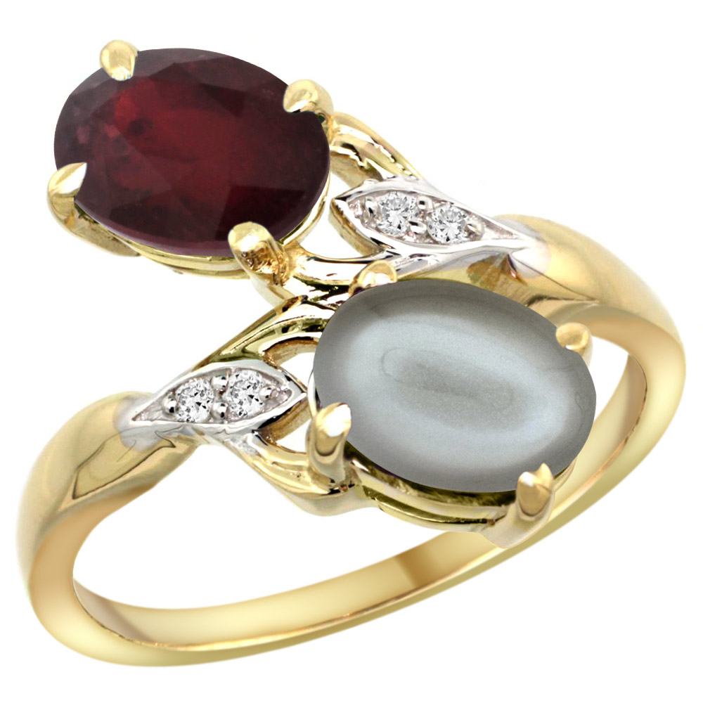 14k Yellow Gold Diamond Enhanced Genuine Ruby & Natural Gray Moonstone 2-stone Ring Oval 8x6mm, sizes 5 - 10