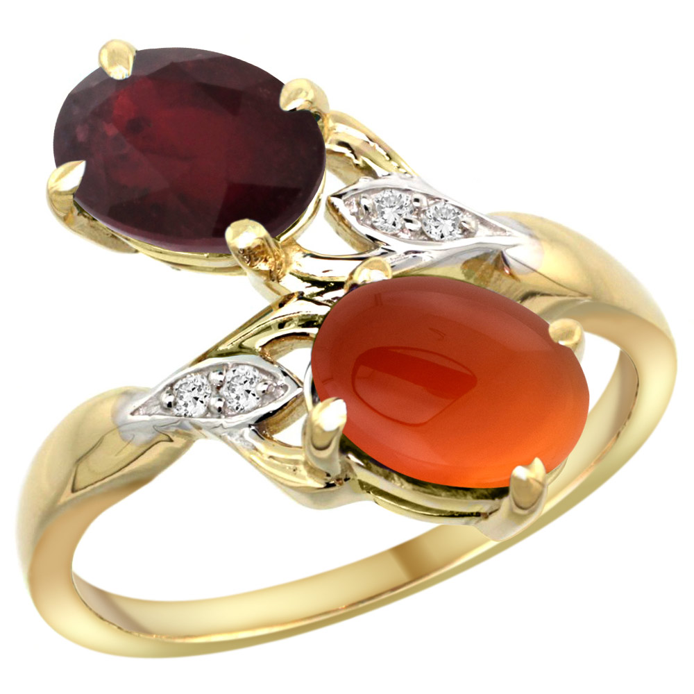 10K Yellow Gold Diamond Enhanced Genuine Ruby &amp; Natural Brown Agate 2-stone Ring Oval 8x6mm, sizes 5 - 10