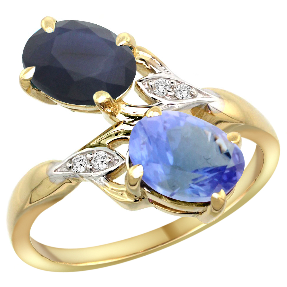 10K YELLOW GOLD DIAMOND NATURAL BLUE SAPPHIRE & TANZANITE 2-STONE RING OVAL 8X6MM, SIZES 5 - 10