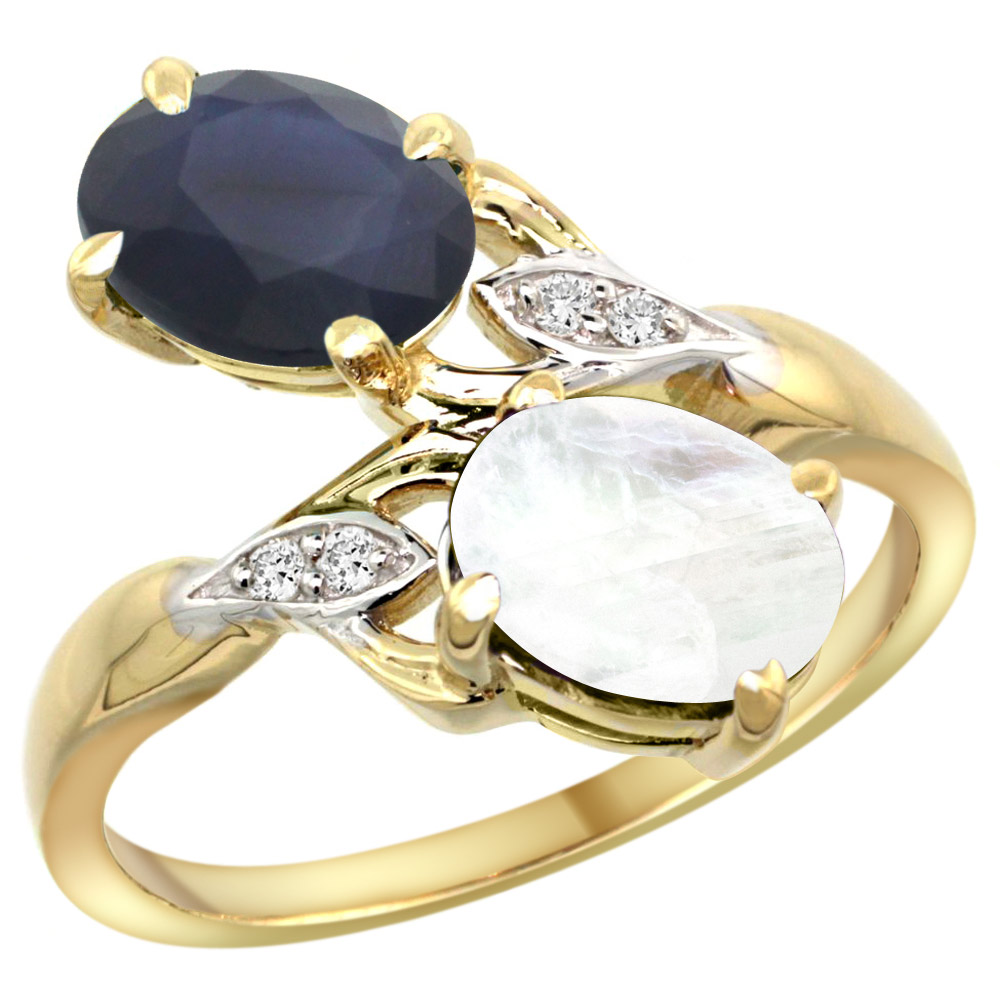 10K YELLOW GOLD DIAMOND NATURAL BLUE SAPPHIRE & RAINBOW MOONSTONE 2-STONE RING OVAL 8X6MM, SIZES 5 - 10