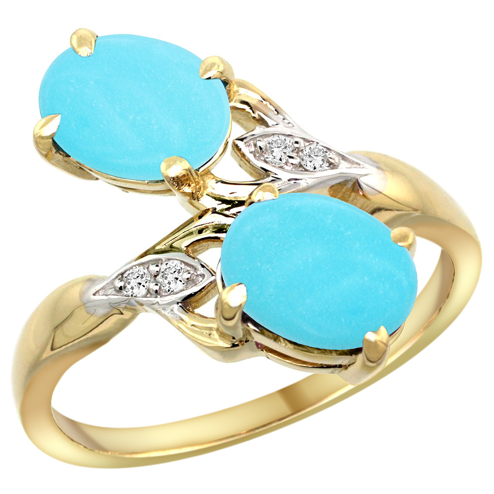 10K Yellow Gold Diamond Natural Turquoise 2-stone Ring Oval 8x6mm, sizes 5 - 10