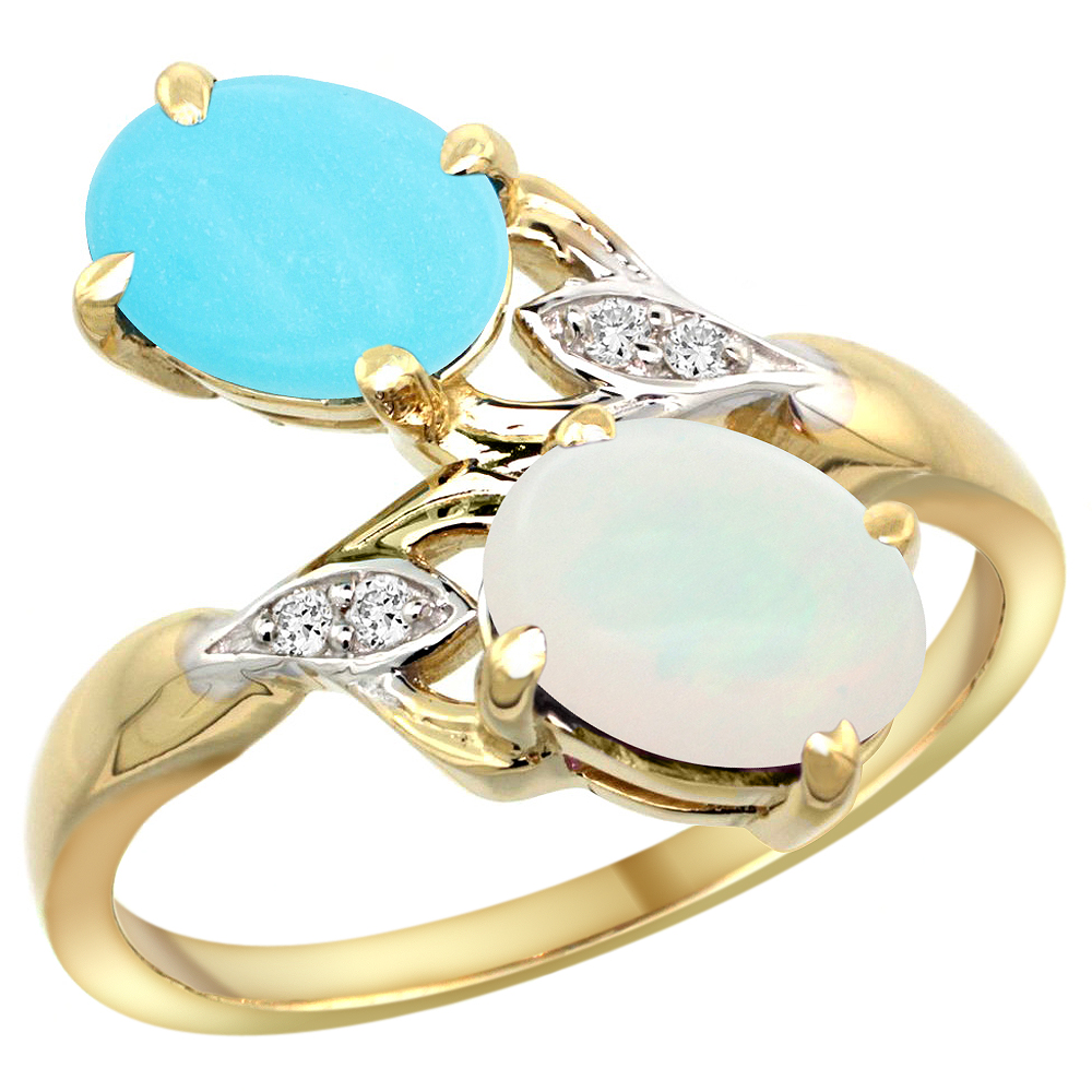 10K YELLOW GOLD DIAMOND NATURAL TURQUOISE & OPAL 2-STONE RING OVAL 8X6MM, SIZES 5 - 10