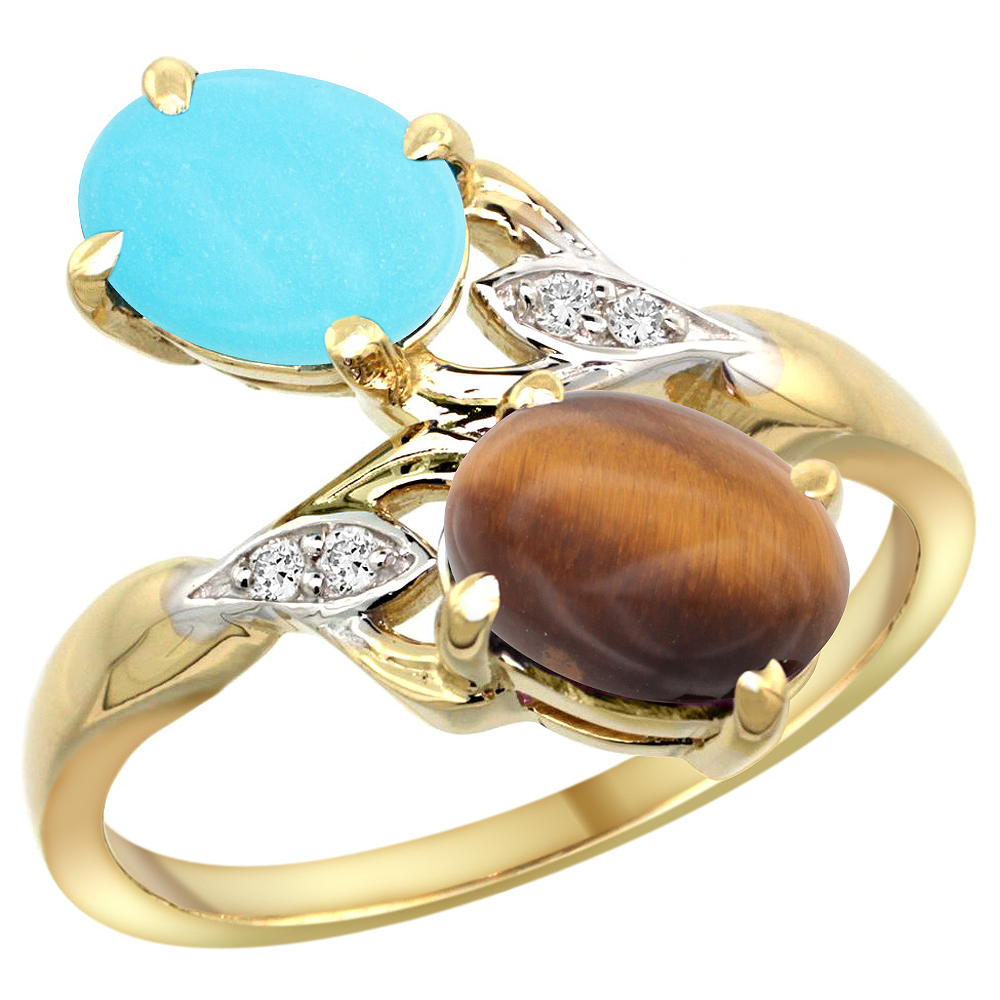 10K YELLOW GOLD DIAMOND NATURAL TURQUOISE & TIGER EYE 2-STONE RING OVAL 8X6MM, SIZES 5 - 10